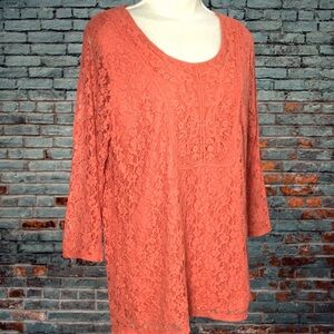 Peck & Peck Womens XL Tunic Top Blouse Shirt Lace Embroidered Coral Orange